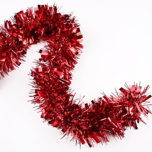 LZZYWYDTT 33FT Christmas Tinsel Garland,Red Shiny Metallic Foil Decorations for Parade Floats, Halloween, Christmas Tree, New Year Parties,Birthday Party,Indoor and Outdoor Disco Party Supplies