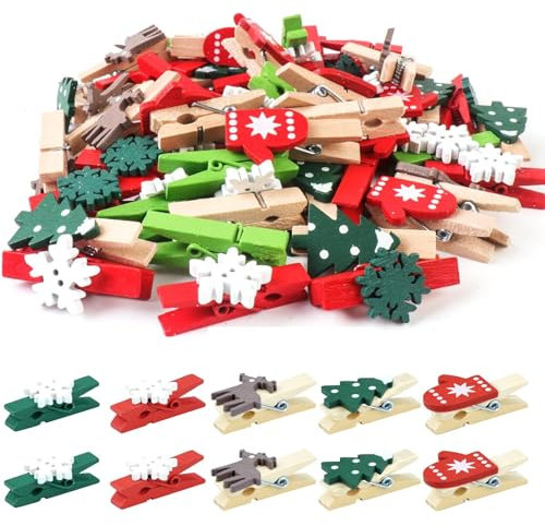 KATELUO Pinces à Linge en Bois de Noël - 100 Pièces Mini Clips Photo pour Décoration