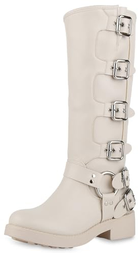VAN HILL Damen Bikerstiefel Blockabsatz Schnallen Trendy Schuhe 214066 Beige 37
