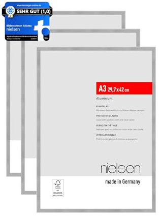 nielsen Bilderrahmen, 29,7 x 42 cm (A3) (3er Set), Aluminium, Silber matt, Posterrahmen zum Aufhängen im Hoch- & Querformat, bruchsicheres Kunstglas, Atlanta