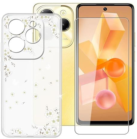 Ikiiqii Funda para Infinix Hot 40 (6.78) Teléfono + Cristal Templado, Capa Antigolpes y Antiarañazos Protector Silicona Funda Móvil para Infinix Hot 40 - Flores Blancas