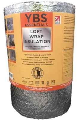 YBS Essentials Loft Wrap Bubble Foil Insulation Roll | 400mm x 20m, 3.5mm Thickness | DIY 3-in-1 Thermal Reflective Insulation