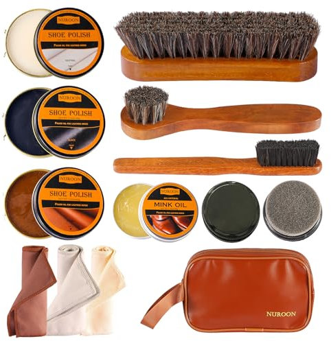 Nuroon 13Pcs Shoe Polish Kit for Men & Women,3 Horsehair Shoe Brush, Mink Oil for Leather Boots, Shoe Shine Kit for Men, Multi, Various sizes