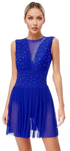 Sxiwei Damen Glitzer Tanzkleid Eiskunstlauf Kleider Ärmellose Ballet Trikot Mit Strass Ballettanzug Wettbewerb Performance Bekleidung Blau S