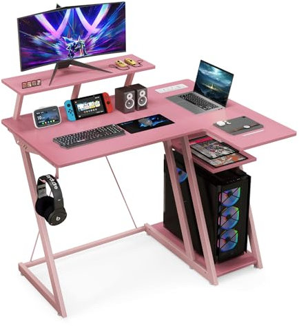 COSTWAY L-Shaped Gaming Desk, 100cm Study Table Writing Workstation with Monitor Shelf, Headphone Hook, Storage Shelf, Outlets & USB Ports, Home Office Computer Desk PC Laptop Table (Pink)