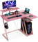 COSTWAY L-Shaped Gaming Desk, 100cm Study Table Writing Workstation with Monitor Shelf, Headphone Hook, Storage Shelf, Outlets & USB Ports, Home Office Computer Desk PC Laptop Table (Pink)