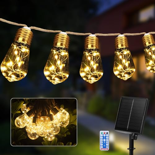 Guijiyi Solar Lichterkette Aussen, Lichterkette Außen Solar Mit 20 Glühbirnen, 8.7M Solar Lichterkette Outdoor, 8 Modi Vintage Hanfseil IP65 Solarlichterkette Außen Wetterfest für Garten Balkon Party