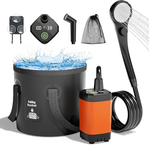 Mytrix Orange Upgraded Portable Camping Shower Full Set, 6000mAh Rechargeable Power Suction Pump with Smart Display, Multi-Modes Spray Head & 5 Gal Water Foldable Bucket for Outdoor Travel Hiking