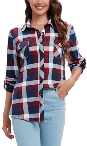 Timuspo Chemisier à carreaux pour femme - Manches longues - Pour la fête de la bière - Tunique décontractée - Col en V - En flanelle, bleu marine, XXL