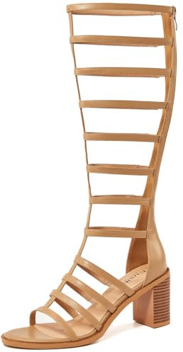 Eusibb Modische Damen-Sandalen mit offenem Zehenbereich, bequem, dicker Absatz, hohe Oberseite, Gladiator-Sandalen, römische Reißverschluss-Sandalen, Aprikose – vergrößerter Stiefelschaft, 39 EU