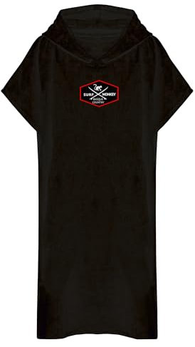 Surf Monkey Poncho Surf-Handtuch mit Kapuze und Innentasche, Bio-Baumwolle (Schwarz, L/XL)