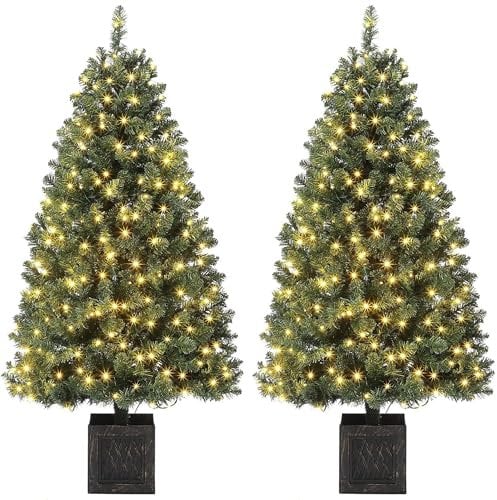 2PCS 145 cm künstlicher Weihnachtsbaum mit 300 Lichtern, 8 Modus Warmweiß Vorbeleuchteter Metallgestell Weihnachtsbaum mit Vintage Blumentopf Weihnachten Deko für Familientreffen, Büro und Flure