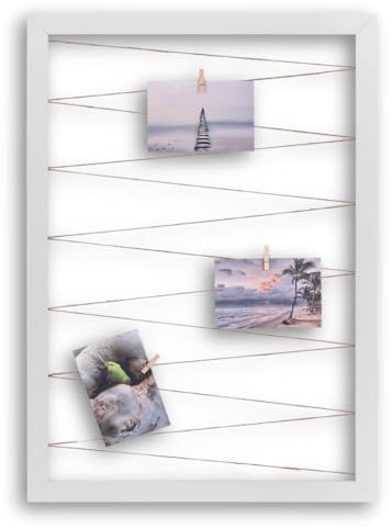 CLAMARO 'Collage Line' Fotohalter 70x90 cm | Weiß Matt | Hochformat Bilderrahmen mit Fotoleine aus Juteband und Holzklammern | Ideal als Fotocollage Galerie, Fotowand oder Fotorahmen