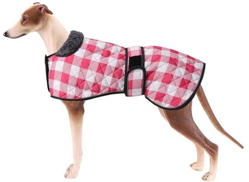 Geyecete Wasserdichter Hundemantel,Windhund Mantel,Whippet Hundejacke Winter,mit Warmem Fleecefutter innen,Verstellbaren Outdoor Hundebekleidung für Windhunde/Lurcher/Whippet-Kariert Rosa-XL