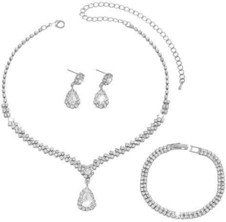FDEETY Schmuckset Strass Halskette Armband Ohrringe Sets Prom Kostüm Schmuck Set Braut Hochzeit Party für Frauen und Mädchen(Silber)