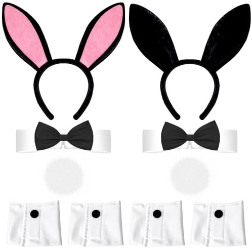 HuaMuDM Bunny Kostüm,Bunny Outfit,Bunny Kostüm Erwachsene | Bunny Ohren,Damen Bunny Kostüm Set,Hasenohren und Schwanz Set,Bunny Ohren Haarreif Kostüm Set