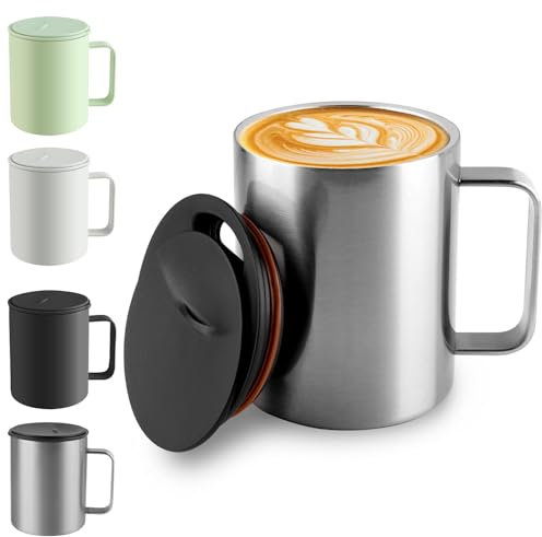 Homealexa 400 ml Coffee Mug, Double-Walled Vacuum Thermal Coffee Mug, Coffee and Tea Cup, Stainless Steel, Thermal Mug with Handle and Sliding Lid Silver