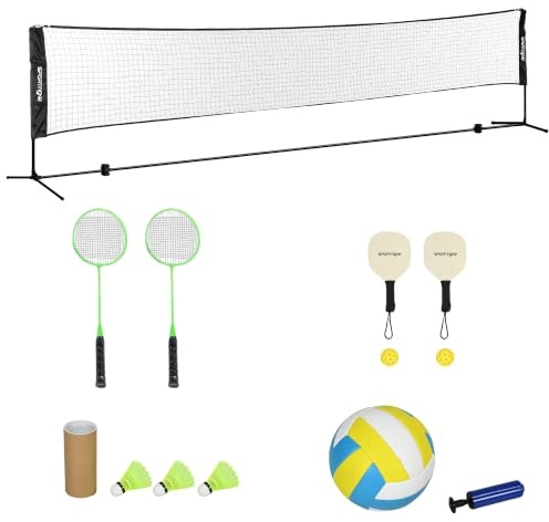 SPORTNOW Ensemble de Badminton Pickleball Volleyball 3 en 1 | Set Complet, Jeux Sport Extérieur, Filet Hauteur Réglable 107-155 cm