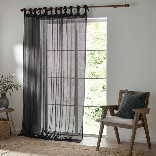 Yard Nimbus Sheer Tie Top Sheer Curtain Panel (Black, 290 x 250 cm) | Lightweight sheer tie top curtain panel that softly filters daylight while maintaining daytime privacy