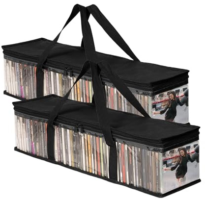 2 pcs DVD Storage Bags,Media Organizer Bag for DVDs, CDs, Blu Ray Disc, Movie Cases, VHS Box, Video Game Disks, Clear Plastic Holders with Carrying Handles and Zipper - Black