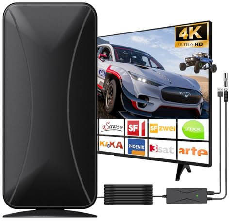 Roujune DVBT2 Antenne TV Innen/Außen, Zimmerantenne DVB-T & DVB-T2 Antennen mit Verstärker, Zimmerantenne für Fernseher mit Großer Reichweite und 360° Empfang, Geeignet für 4K 1080p & Alle TV-Geräte