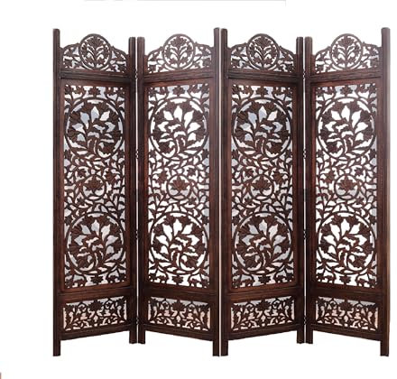 iAnanas Handgefertigter Paravent – 4-teilig, Aus Mangoholz & MDF mit Blumendesigns, Platzsparend & Dekorativ, Sichtschutz für Wohnzimmer, Schlafzimmer, Büro & Balkon, 203 x 2 x 180 cm, Braun