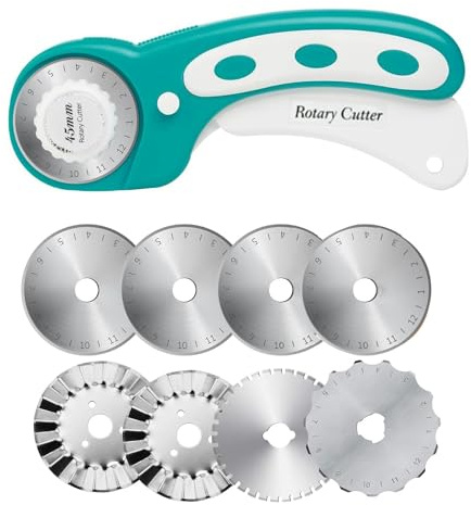 Fozriybefy 45-Mm-Rollschneider zum Rollen Von Stoffen, Stoffschneider, Häkelkanten-Übersprungsklinge, Perforieren + 8 Stück Rotationsklingen, 1 Satz