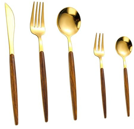 HOLIDYOYO Ensemble De Couverts Occidentaux 5 Pièces Doré Acier Inoxydable Manche En Bois Cuillères Fourchettes Couteaux Confort Maison Restaurant