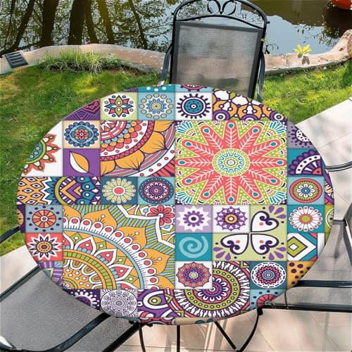 Outdoor Runde Tischdecke mit Gummizug Ø 60(150cm) - Elastisch Garten tischdecke mit Vintage-Design Muster Passend für 135-145cm breite Tische