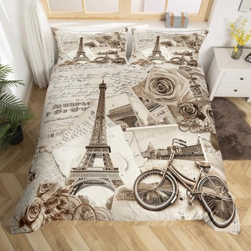 Eiffelturm Bettdecke Abdeckung S Größe,Paris Bettwäsche Set Kinder Mädchen Jungen Erwachsene Zimmer Dekor,Vintage alte Zeitungen Deckbedeckung romantische Stadtblick Quilt Abdeckung,1 Kissenbezug