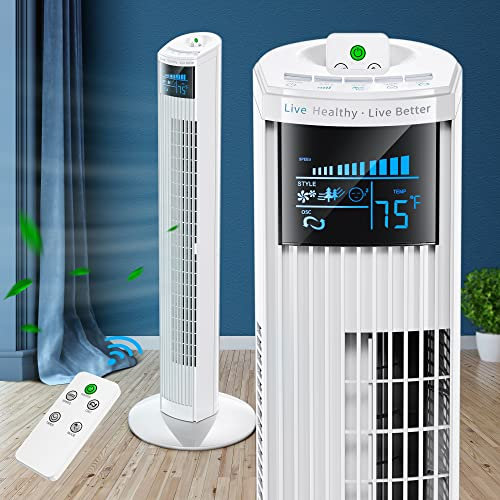 FOHERE Leiser Turmventilator, 91CM Oszillierender Stand Ventilatoren mit Kühlung Fernbedienung, 12-Stunden-Timer und Schlafmodus, Tragbarer Ventilator ohne Flügelfür Schlafzimmer, Weiß