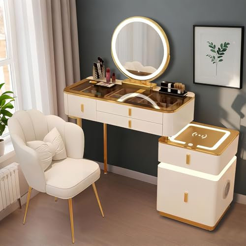 Frisiertisch mit Beleuchtung Spiegel, Schminktisch mit Stuhl Weiß/Grau Kosmetiktisch mit Glasplatte, Schubladen aus Massivholz Frisierkommode für Madchen (Weiß + Braunes Oberteil, 80CM)
