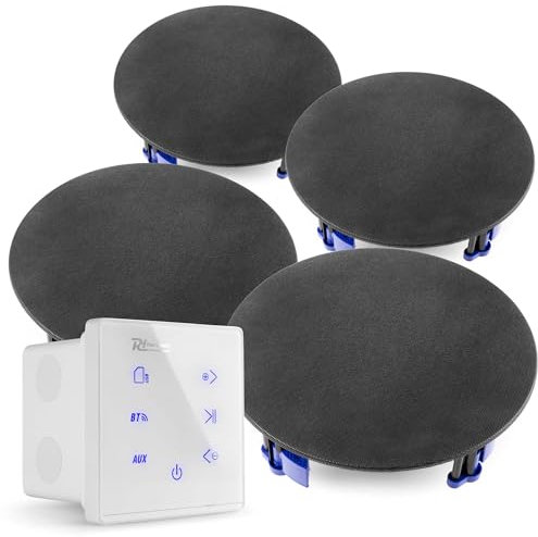 Power Dynamics Powerline A100W Kit Amplificateur 4X 20 Watts avec Enceintes de Plafond Noires, Bluetooth, USB et Micro SD, Écran Tactile, Livré avec Télécommande