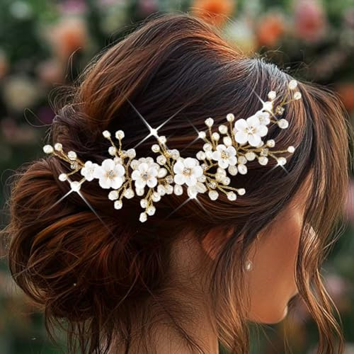 Atigy Haarranke mit Blumenmotiv für die Braut goldfarben für Hochzeiten Haarschmuck mit Perlen für Damen (Gold, Einheitsgröße)