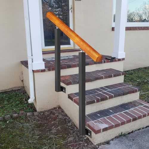 Wooden Handrail Fit 1 or 3 Steps Outdoor Stair Railing External Porch Garden Decking Railings with Adjustable 270° Bracket Wrought Iron Double Post, Side Mount(Height 95cm/3.1ft,120cm/47inch)