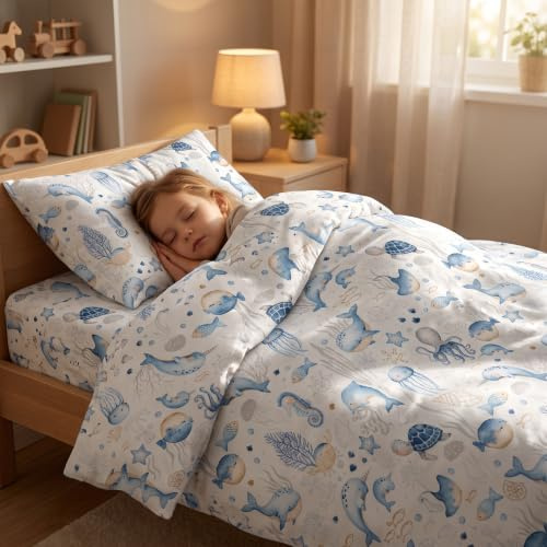PinkZebra Kinderbettwäsche: Deckenbezug 100 x 135 cm + Kissenbezug 40 x 60 cm + für Mädchen & Jungen, aus 100% Baumwolle, Made in EU, Meerestiere