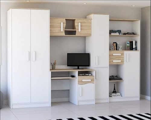 Agritrade AK Mathias 5-Piece Youth Bedroom Furniture Set, Wardrobe, Desk, Tall Bookcase, Low Storage & Wall Shelf W 300 cm x H197 cm Height (body: White/handle: White)
