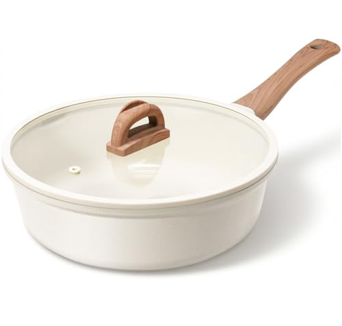 Ceramic Nonstick Frying Pan with Lid, 4.0 QT Sauté Pan Large Capacity Skillet, Non Stick Deep Frying Pan Induction Compatible White Granite Coating PFOA/PFAS Free Non-toxic Healthy Kitchen Cookware
