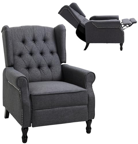 HOMCOM Recliner Armchair, Vintage Reclining Chair with Nail Head Trim, Wingback Chair with Button Tufted Back and Footrest, for Living Room, Dark Grey