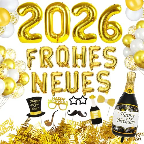 Silvester Deko 2026,Frohes Neues Folienballon,Luftballons Silvester 2026,Gold Weiß Luftballon,Konfettiballons,Happy New Year Konfetti Gold,Foto Requisite Dekoration Set,Neujahrsdeko für Silvesterparty