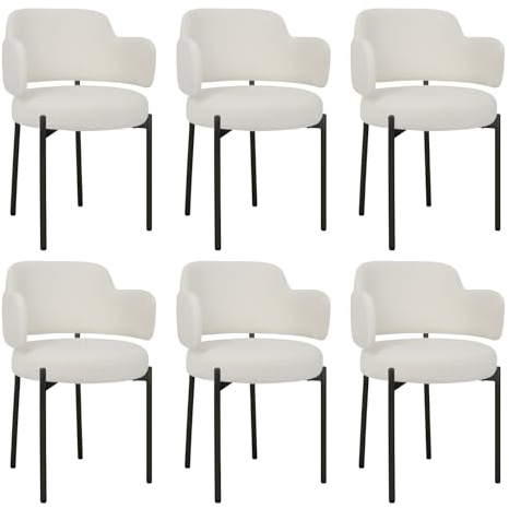 ARTETHYS Esszimmerstühle 6er Set Boucle Teddystoff Stühle Esszimmer | Dining Chairs mit mit Armlehne & Metallbeine, 120 kg Tragkraft, Gepolsterte Rückenlehne, Für Küche & Wohnzimmer, Cremeweiß