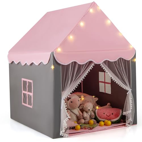 GYMAX Kids Tent, Fairy Play Castle (Pink with Yellow Lights) | with Washable Mat, Star Lights & Windows, Outdoor Indoor Children Playhouse Tents for Girls Boys Gift