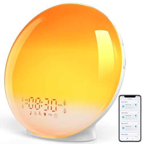 VOGHERB Wake Up Light Sunrise Alarm Clocks with App Control:Sunrise/Sunset Simulation,4 Alarms,FM Radio,11 Colors & 20 Brightness,7 Natural Sounds Snooze Bedside Lamp,Auto Time Calibration