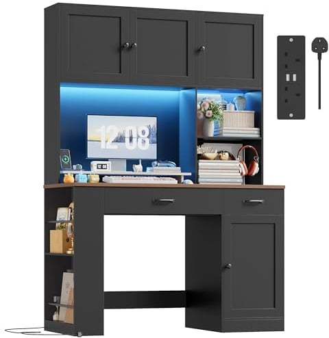 FirFurd Black Desk with Drawers Computer Desk with Storage Shelves & LED | Study Table with Power Outlet, USB Port, Remote Control LED, Dressing Desk, Writing Table for Home Office Wooden 120x50x180cm