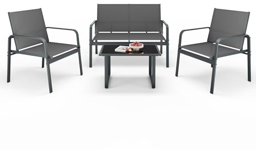 Mondeer Gartenmöbel Set mit Armlehnen 4-TLG für Garten Balkon Außen | Terrassenmöbel Außen mit Tisch Sofa und 2 Stühlen, Balkonmöbel Set mit Textilene, Dunkelgrau