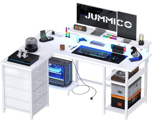 JUMMICO 135cm Mesa en Forma L con Luces LED, Escritorio de Esquina Ordenador para Home Office, Mesa Gaming con Estantes de Almacenamiento, Esquina Reversible y Estructura Estable, Blanco Carbón