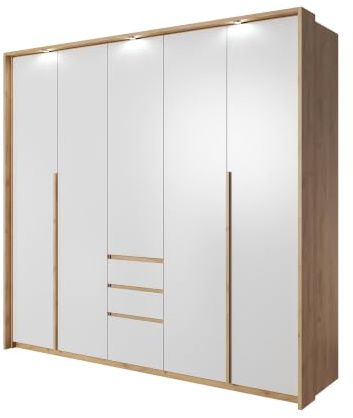 FURNLUX XELO Kleiderschrank, Weiß mit Eiche-Akzenten, 230x65x216 cm, 183 kg, Modern mit LED-Beleuchtung, Selbstmontage erforderlich, Rechteckig, Montageanleitung enthalten