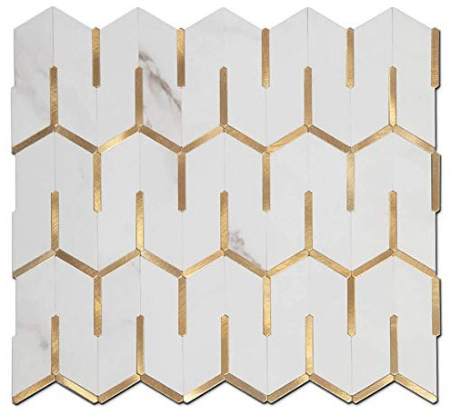 Soulscrafts 5 Bögen Abziehen und Aufkleben Fliesenrückwand PVC Weiß Marmor Design mit Gold Metall Trim Aufkleber Fliesen für Küche Backsplash Bad