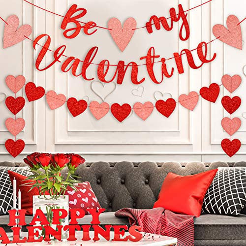Whaline Banner mit Aufschrift „Be My Valentine“ und Herz-Girlande, 3 Stück, glitzernd, rot, rosa, Happy Valentine's Day groß, vormontiert, für Hochzeit, Verlobung, Party, Heimdekoration, 17,8 cm