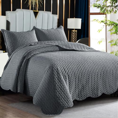 PHP Gesteppte Tagesdecke, 3-teilig, für Schlafzimmer, Dekor, wendbar, geprägt, gesteppt, Tagesdecke mit matter Oberfläche (grau, King-Size)